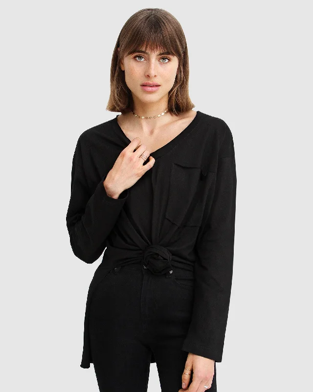 Brave Soul Long Sleeve T-Shirt - Black Rayon Velvet Corduroy