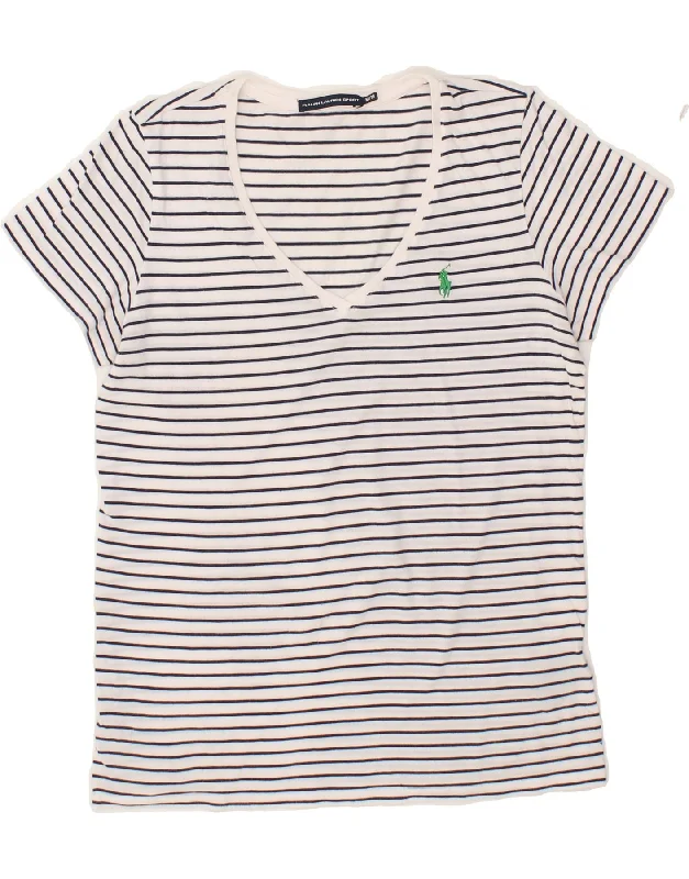 RALPH LAUREN Womens T-Shirt Top UK 14 Medium White Striped Cotton Nautical Knit Fabric Woven Fabric Fleece Fabric