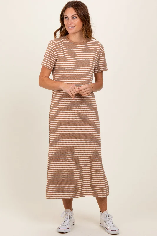 Rust Striped Short Sleeve Side Slit T-Shirt Midi Dress Wool Fabric Cashmere Fabric Tweed Fabric