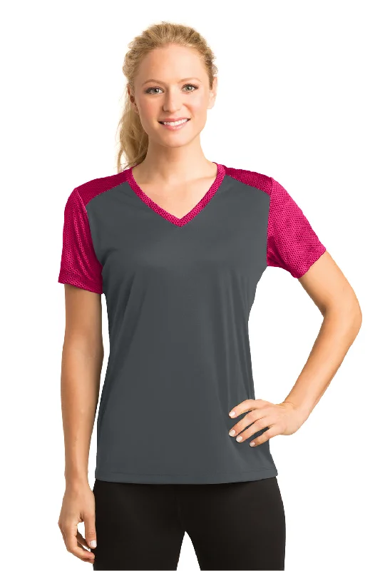 Sport-Tek Womens CamoHex Moisture Wicking Short Sleeve V-Neck T-Shirt - Iron Grey/Raspberry Pink - Closeout Basic T-Shirt Crew Neck Short Sleeve