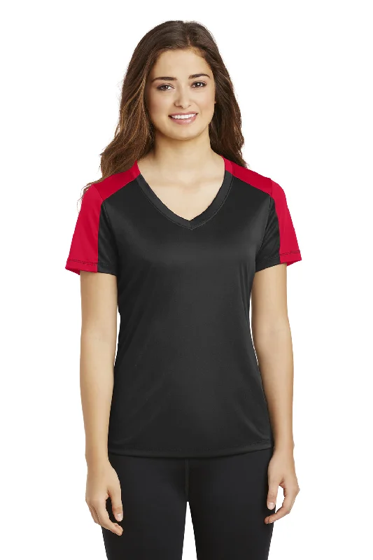 Sport-Tek Womens Competitor Moisture Wicking Short Sleeve V-Neck T-Shirt - Black/True Red - Closeout Modern Contemporary Chic