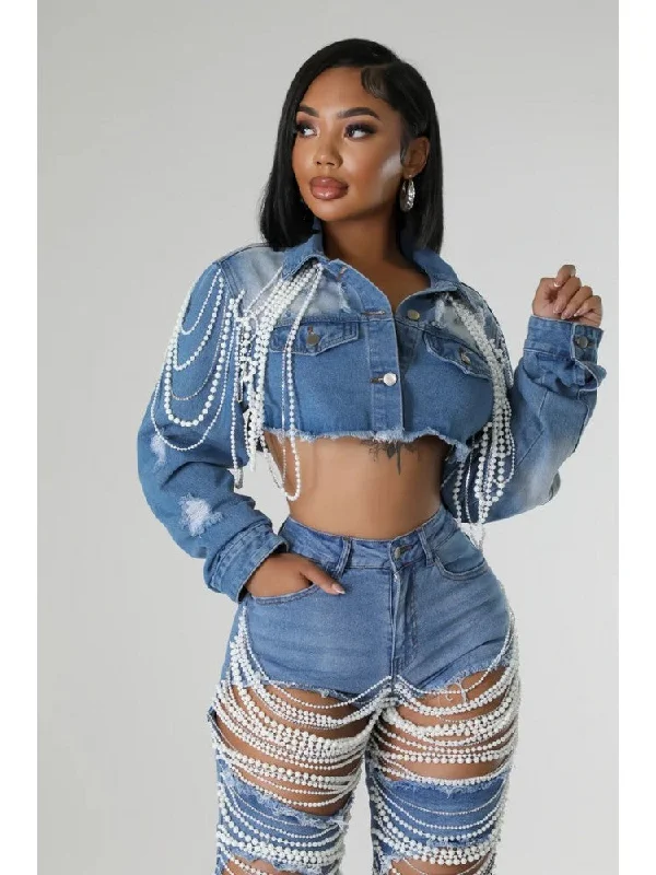 Faux Pearl Single Breasted Denim Jackets