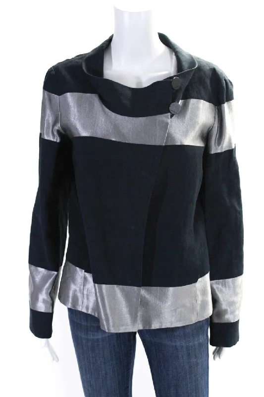 Giorgio Armani Womens Navy Silver Color Block Long Sleeve Jacket Satin Fabric Silk Fabric Chiffon Fabric