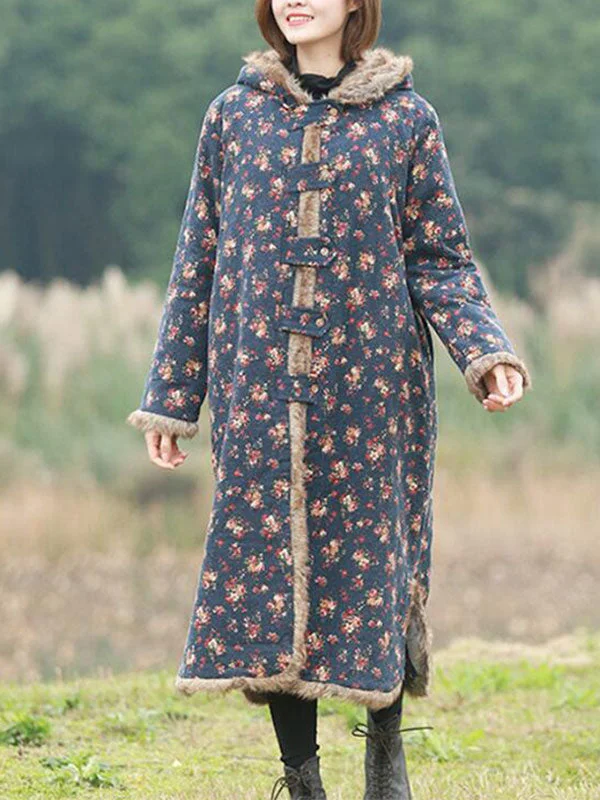 Midnight Moon Floral Print Hooded Coat Quilted Puffer Jacket
