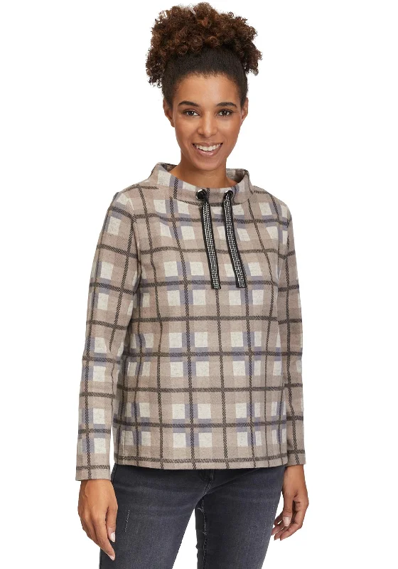 Betty Barclay Check Drawstring Sweatshirt, Grey Hoodie with Earth Tones Natural Calm