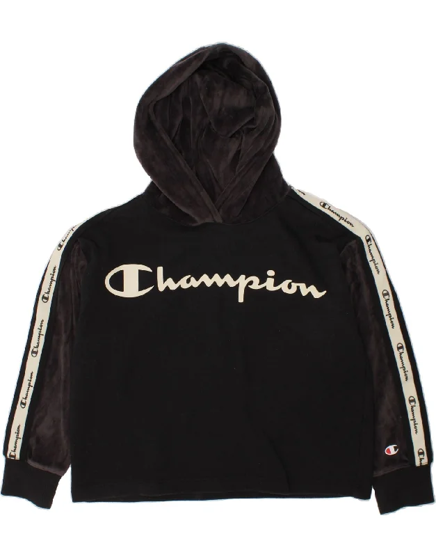 CHAMPION Girls Graphic Hoodie Jumper 7-8 Years Small Black Colourblock Hoodie with Pocket Utility Practical CHAMPION Girls Graphic Hoodie Jumper 7-8 Years Small Black Colourblock Hoodie with Pocket Utility Practical