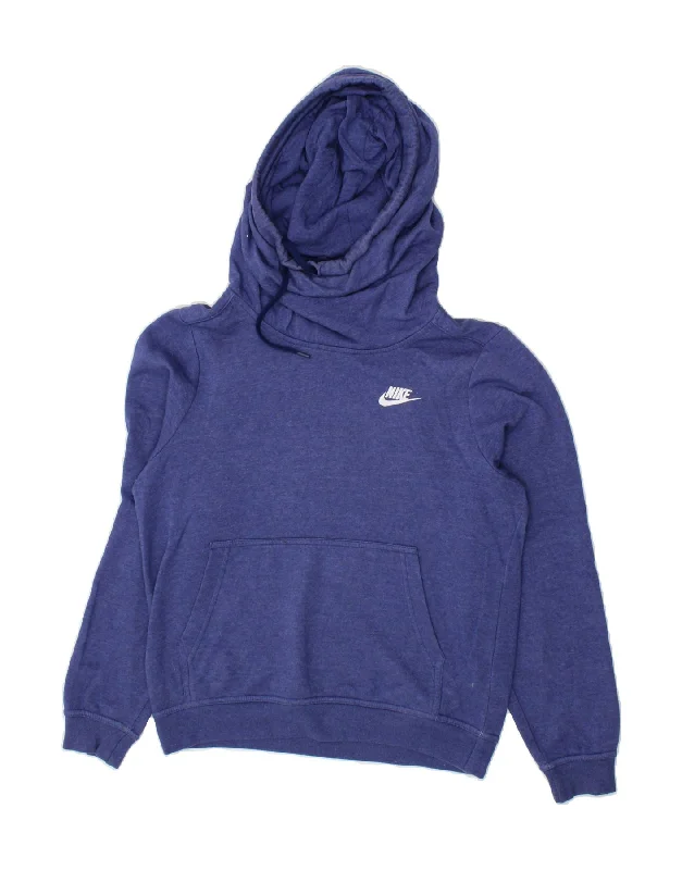 NIKE Womens Oversized Hoodie Jumper UK 6 XS Blue Cotton Hoodie with Hem Frayed Vintage Worn