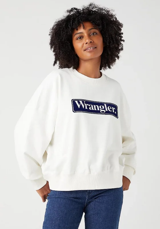 Wrangler Relaxed Retro Logo Sweatshirt, Worn White Hoodie with Typography Text Message