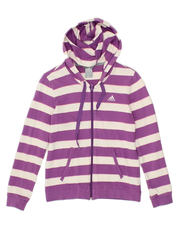 ADIDAS Womens Zip Hoodie Sweater UK 12 Medium Purple Striped Cotton Chenille Blend Fleece Blend Nylon Blend
