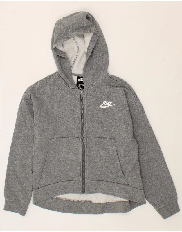 NIKE Girls Standard Fit Zip Hoodie Sweater 12-13 Years Large Grey Cotton Handmade Hand-knitted Hand-woven