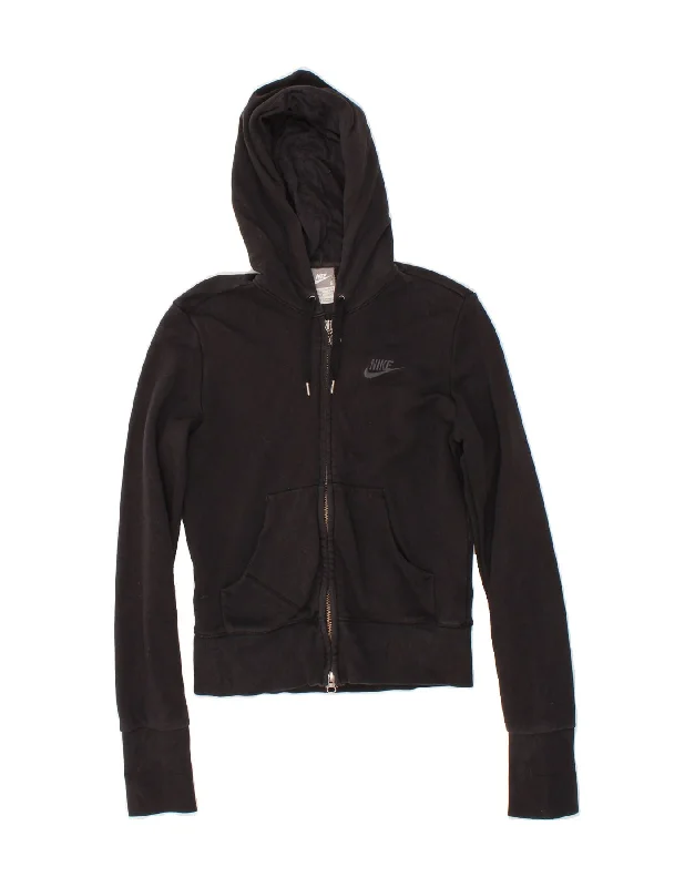 NIKE Womens Crop Zip Hoodie Sweater UK 8/10 Small Black Cotton Collared Crew Neck Turtle Neck