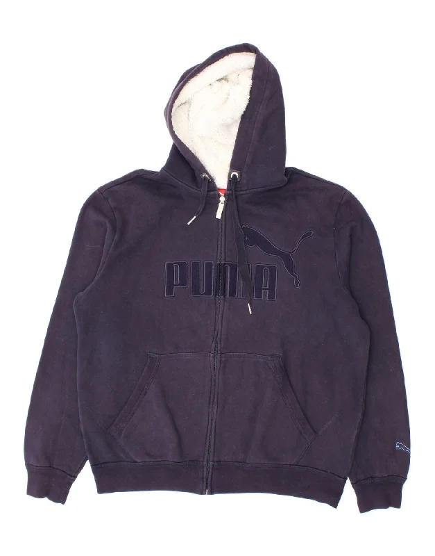 PUMA Mens Graphic Zip Hoodie Sweater Large Navy Blue Cotton Terry Blend Velvet Blend Canvas Blend