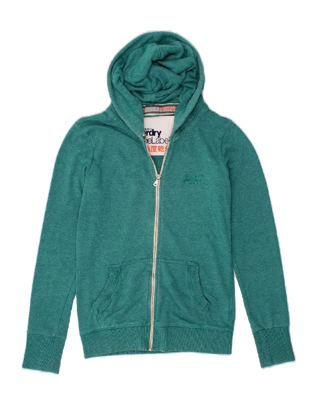 SUPERDRY Womens Zip Hoodie Sweater UK 6 XS Green Cotton Silk Blend Satin Velvet