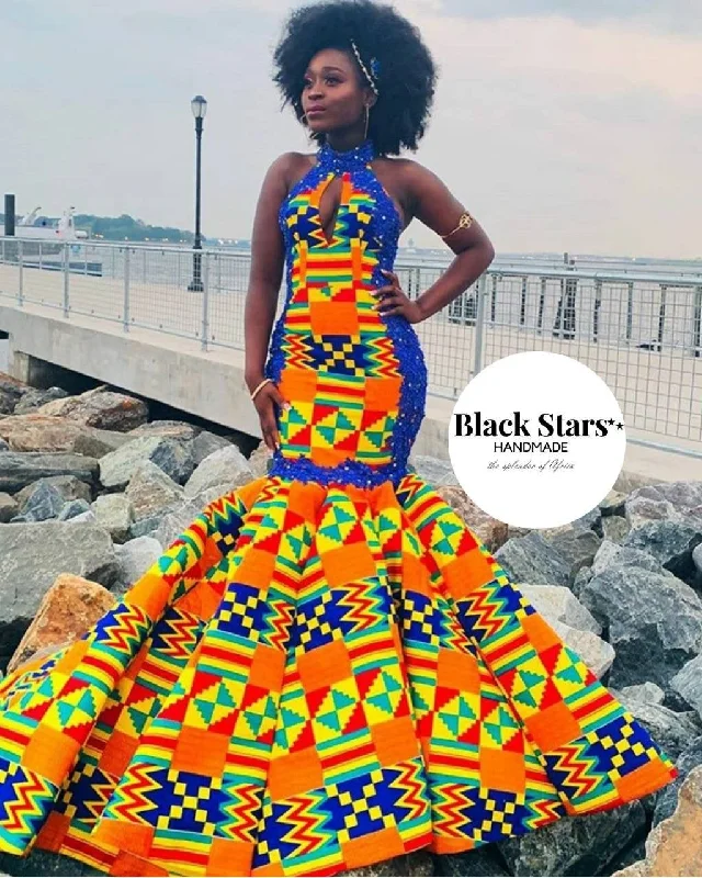 African Mermaid Gown| Kente Prom African Dress| Ankara Women's Wear| Wedding Guest Dress| Kente Print Long Dress| Dashiki| Kitenge| Kente Tunics stripes playful