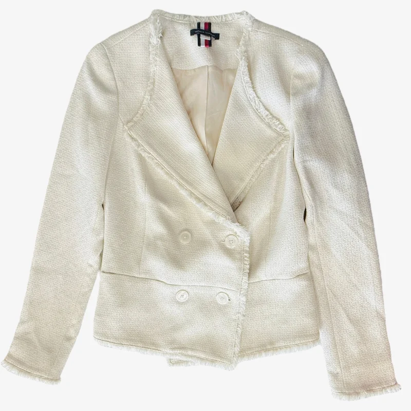 Frayed-Hem Double-Breasted Blazer By Tommy Hilfiger In Cream, Size: 4 Women's Patchwork Suit