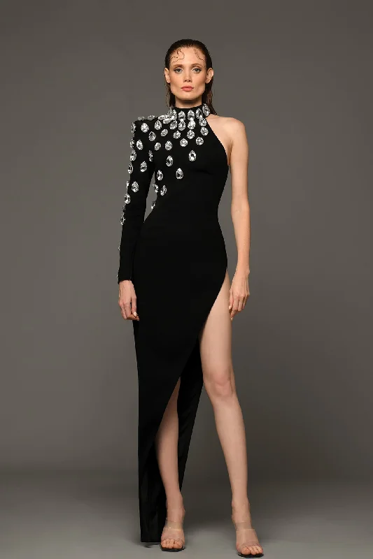 Asymmetrical crepe dress with pear shaped crystal drops