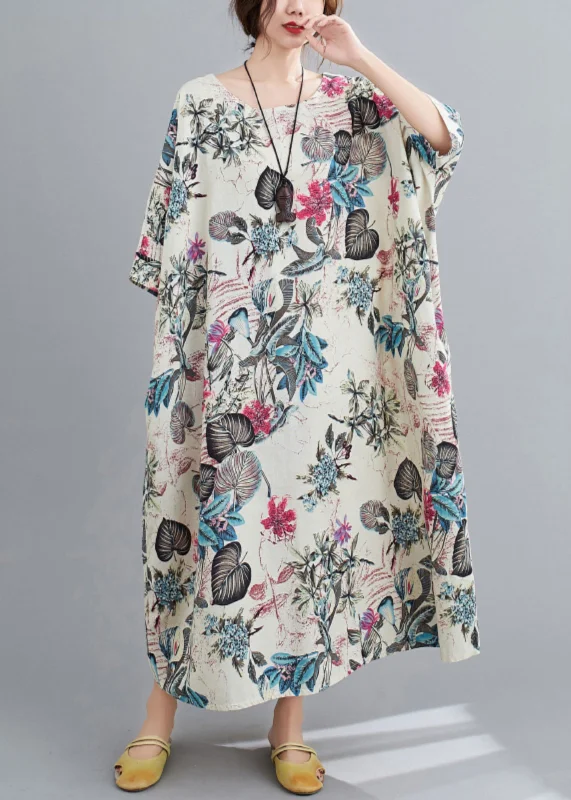 Beige Print Pockets Cotton Dresses O Neck Batwing Sleeve