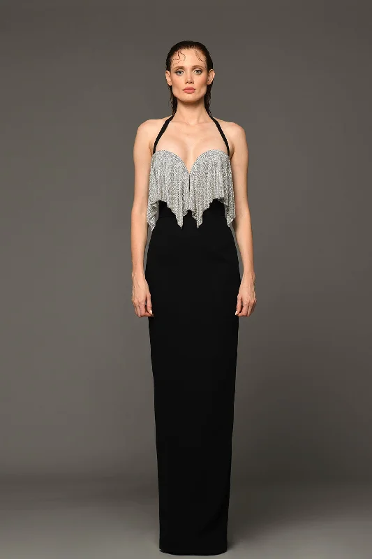 Crepe corseted dress with crystal chainmill