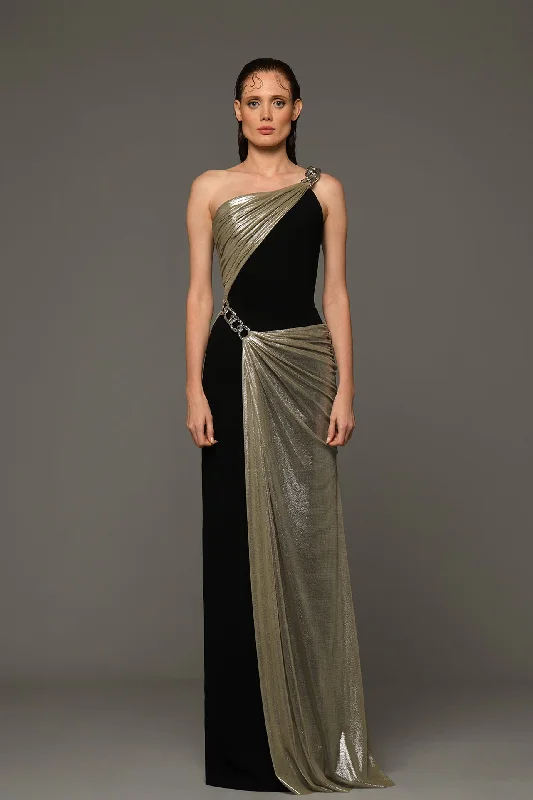Crepe dress with silver draping in silk foiled tulle and chains