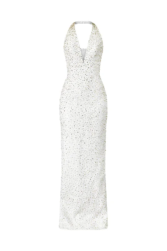 DEEP V-NECK ELEGANT DRESS WITH HAND EMBROIDERED GOLD SEQUINS