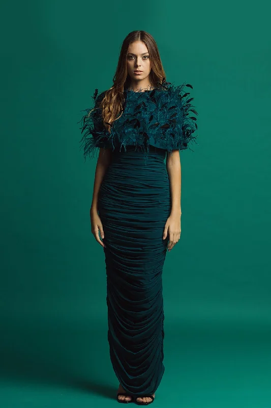 Fitted ruched dress featuring feathered bolero