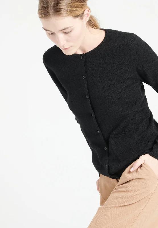 LILLY 4 Cardigan col rond en cachemire cintré noir Tailored Straight A-Line