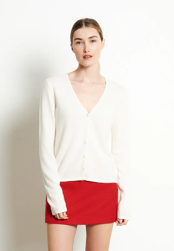 LILLY 7 Cardigan col V en cachemire cintré blanc écru Fitted Slim Tailored