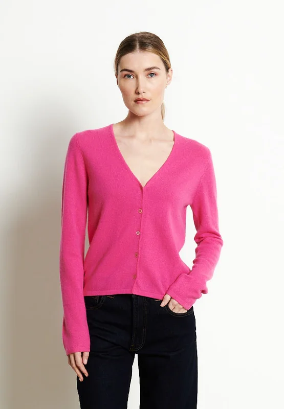 LILLY 7 Cardigan col V en cachemire cintré rose indien Elegant Classic Vintage