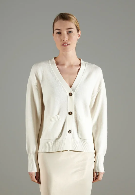 NAMI 1 Cardigan col V boutonné 4 fils en cachemire blanc écru Anti-Pilling Anti-Shrink Durable