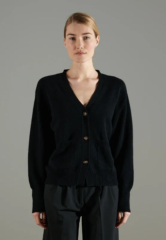 NAMI 1 Cardigan col V boutonné 4 fils en cachemire noir Iron Safe Non-Iron Wrinkle Free