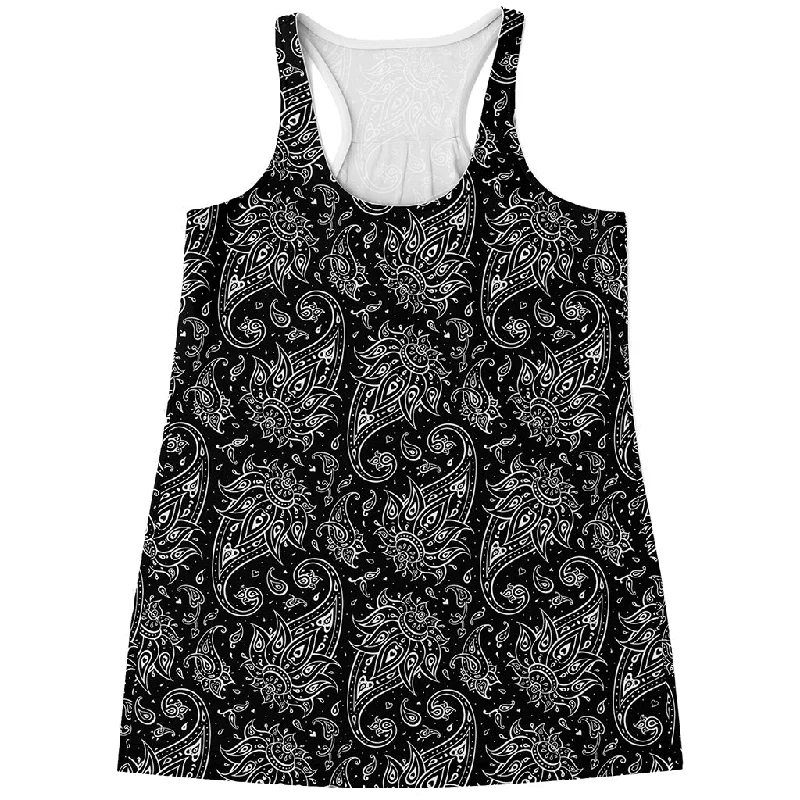 White And Black Paisley Pattern Print Women's Racerback Tank Top cutout tank top